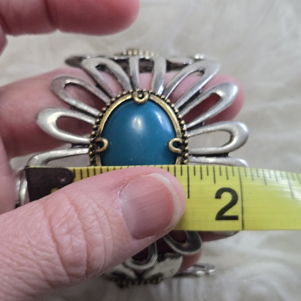 LUCKY BRAND Boho Southwest Faux Turquoise Malachite Flower Cuff Bracelet Western - Picture 14 of 15